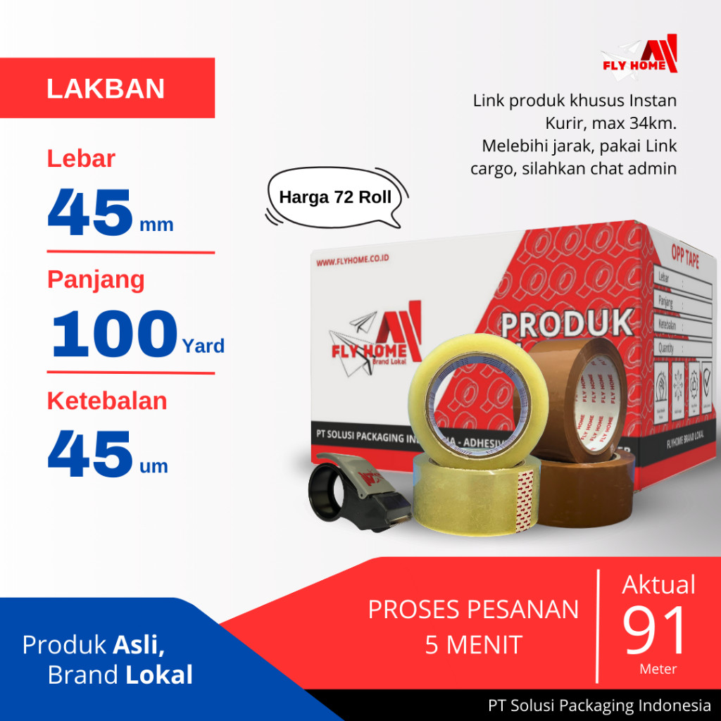 

Flyhome Lakban Bening Coklat 100yard 91METER 2inci 45x100 Yard 1 Dus Grosir - 72Rolls Jumbo Instan