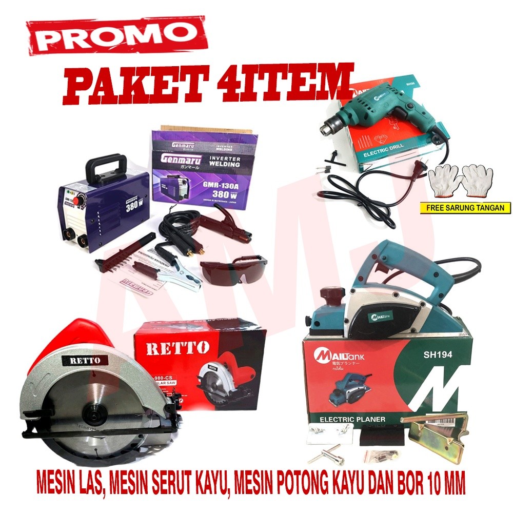 PAKET 4 ITEM LAS GENMARU 380 Watt+MESIN KETAM SERUT+ CIRCULAR RETTO+BOR 10MM BOLAK BALIK