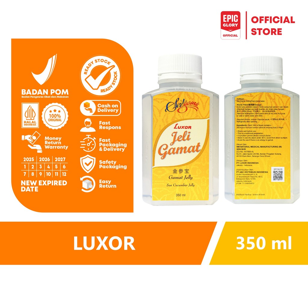 

Luxor Jelly Gamat Emas Asli 100% Original Ekstrak Teripang Emas 350 ml