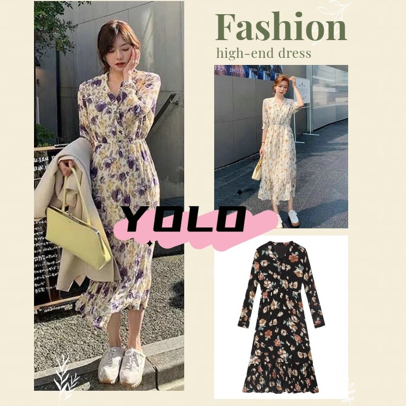 Long Floral Dress Maxi Lengan Panjang Bahan Sifon Motif Bunga Gaya Korea