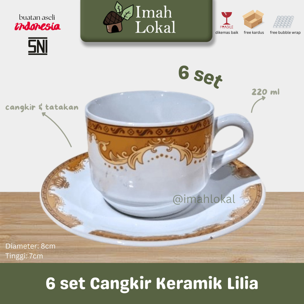 Cangkir Set Lilia Kembang Mas 6pcs Keramik Gelas Cafe+ Pisin- CCP8,1-2