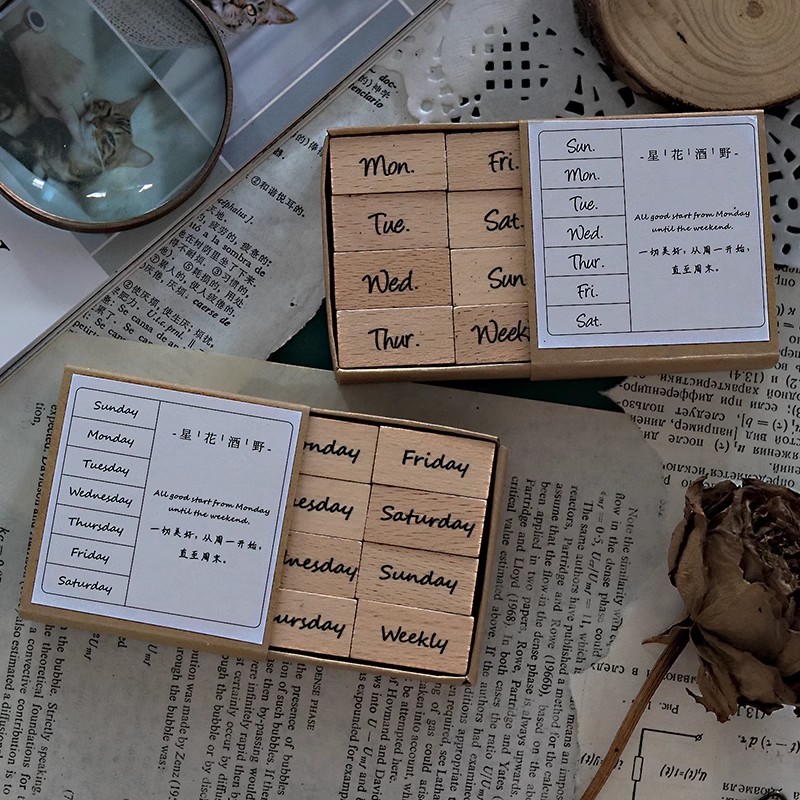 

12pcs/set Months Weeks Number Stamp Retro Wooden Rubber Stamps DIY Self Inking Pads Card Making Standard Stamp Office Supplies