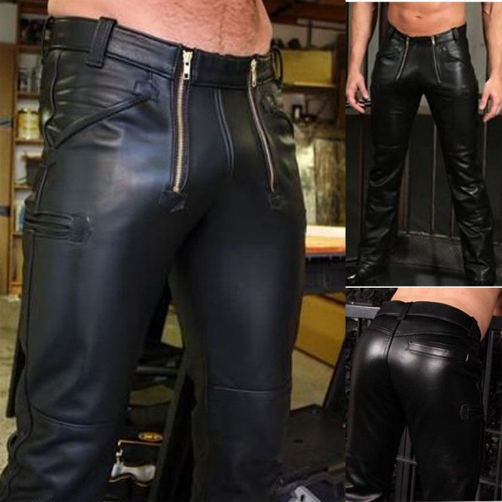 New Fashion Men Latex Stretchy Leather Pants Slim Clothing PU Leather Skinny Pants Wet Look Tights P