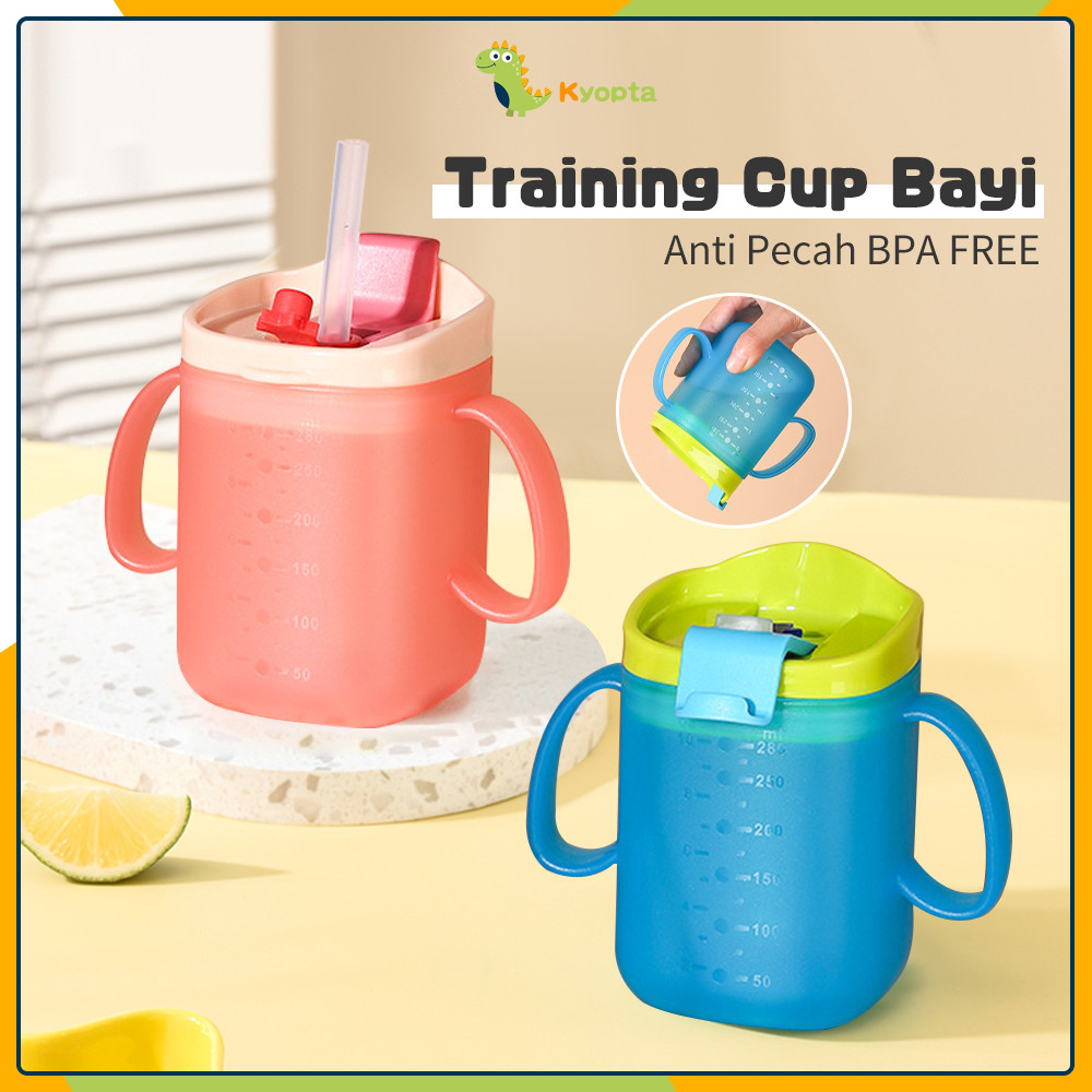 Kyopta Tempat Minum Bayi 280ml Bayi Straw Training Mug Bayi Silikon Sippy Cup Anti Tumpah