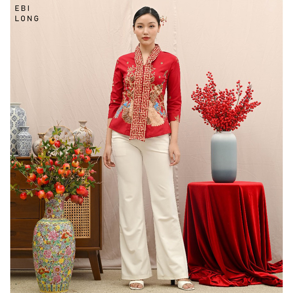 GIRLY Ebi Long Red Blouse Batik Modern Baju Atasan Seragam Batik Couple Keluarga Sarimbit Kebaya Mod