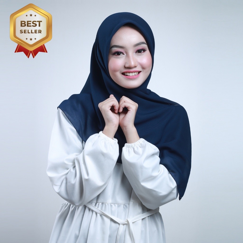 Hijab Bella Square Pollycotton Premium - Jilbab Segiempat Polos Warna Biru Dongker ( Navy ) Terlaris