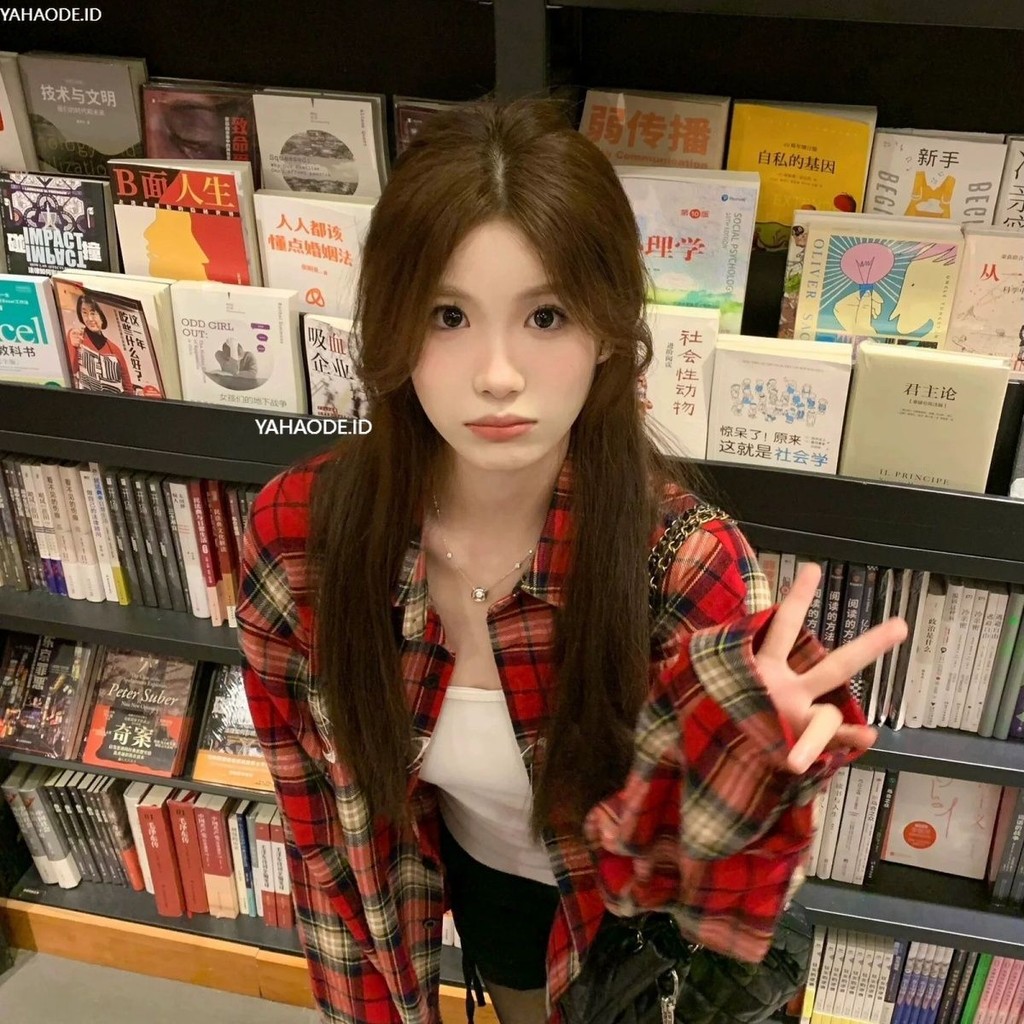 YAHAO- Kemeja Kotak-kotak Merah Retro Amerika Jaket Kemeja Kasual Longgar Serbaguna Wanita