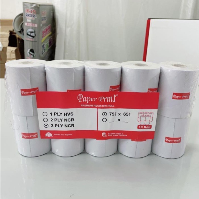 

Kertas Struk Kasir Telstruk / Register Roll Paperpryns 3 Ply NCR 75x65 mm - 1 pack isi 10 roll