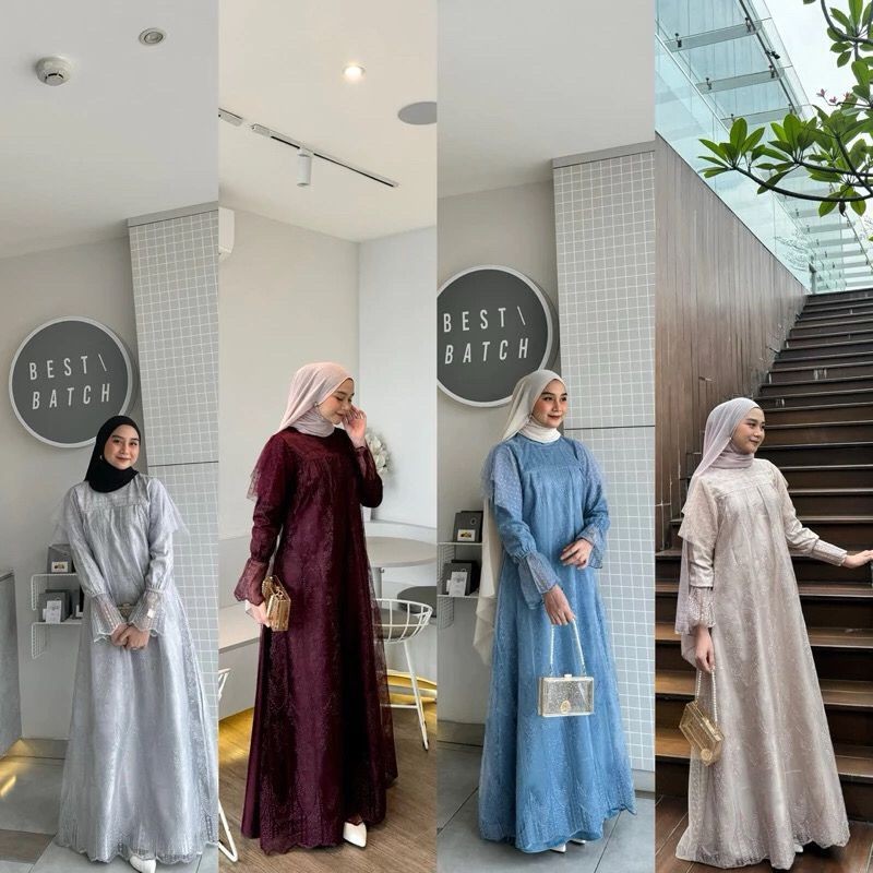 DRESS BRUKAT MIX TILLE DOT FAHIRA GAMIS KONDANGAN DRESS BRIDESMAID BUSUI DRESS LEBARAN GAMIS MUSLIM