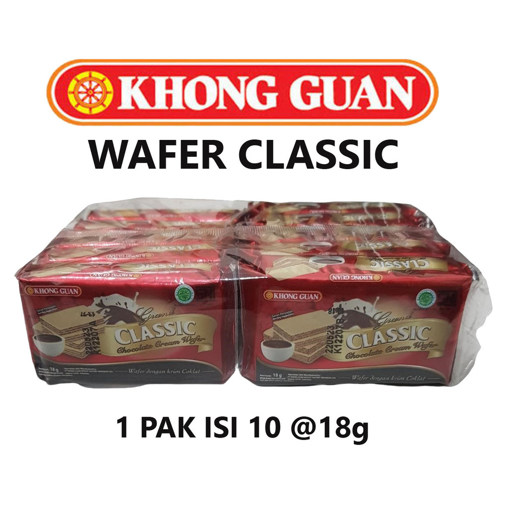 

Khong Guan Grand Classic Chocolate Cream Wafer Renceng netto 10 pcs X 18 gr