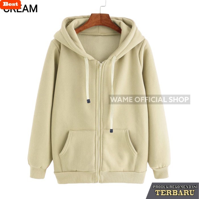 hoodie pria keren JAKET ZIPPER HOODIE POLOS M L XL XXL CREAM PRIA WANITA WAME - Cream, M/L