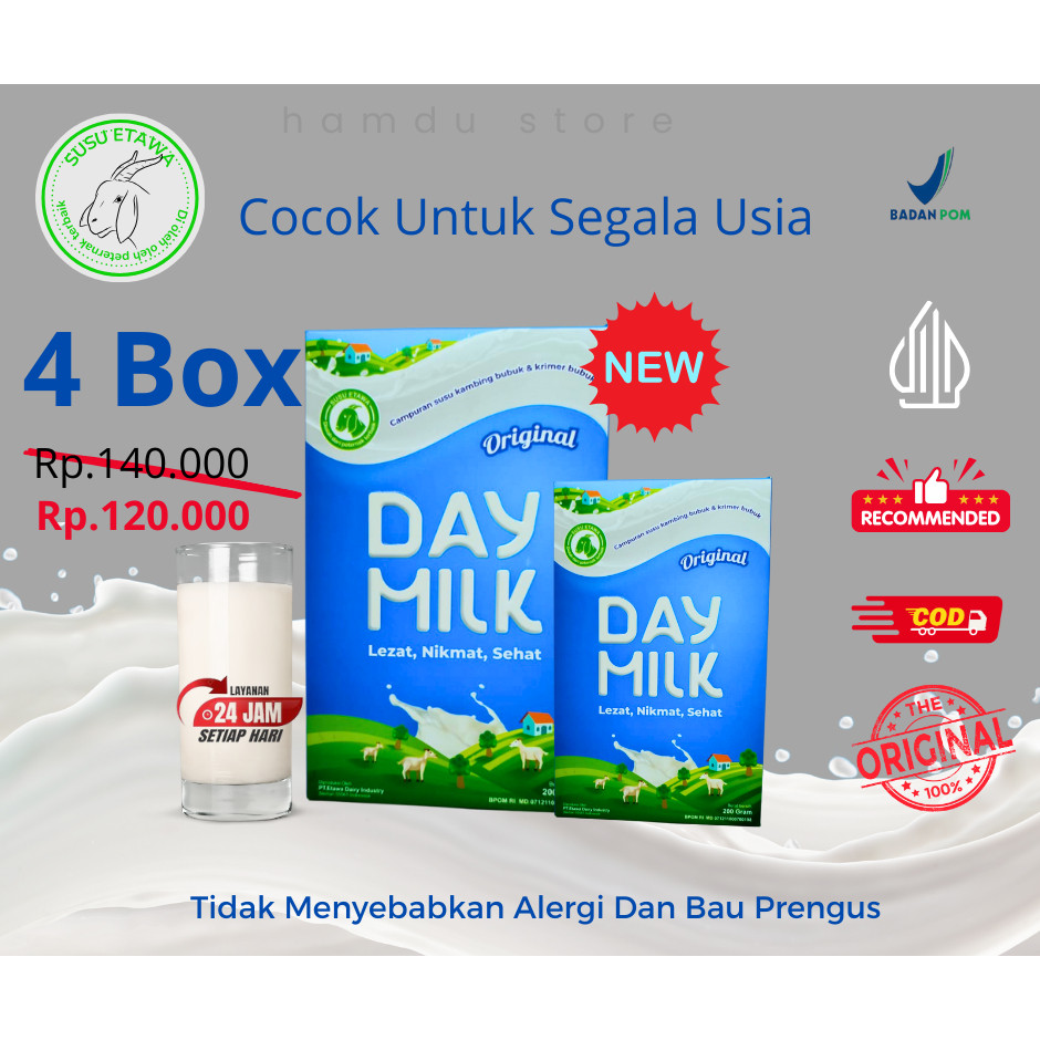 

DAYMILK Susu kambing etawa- 100% ORIGINAL - 4 BOX Halal-BPOM [Solusi Untuk Masalah Pernapasan ]