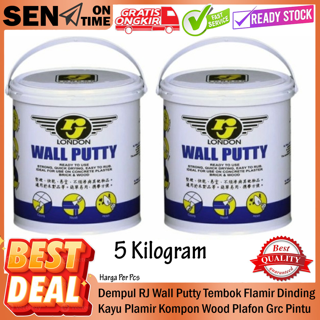 Kompon Wood Plafon Dempul Rj Wall Putty 5 kg Kilogram Tembok Flamir Dinding Kayu Plamir Grc Pintu Je