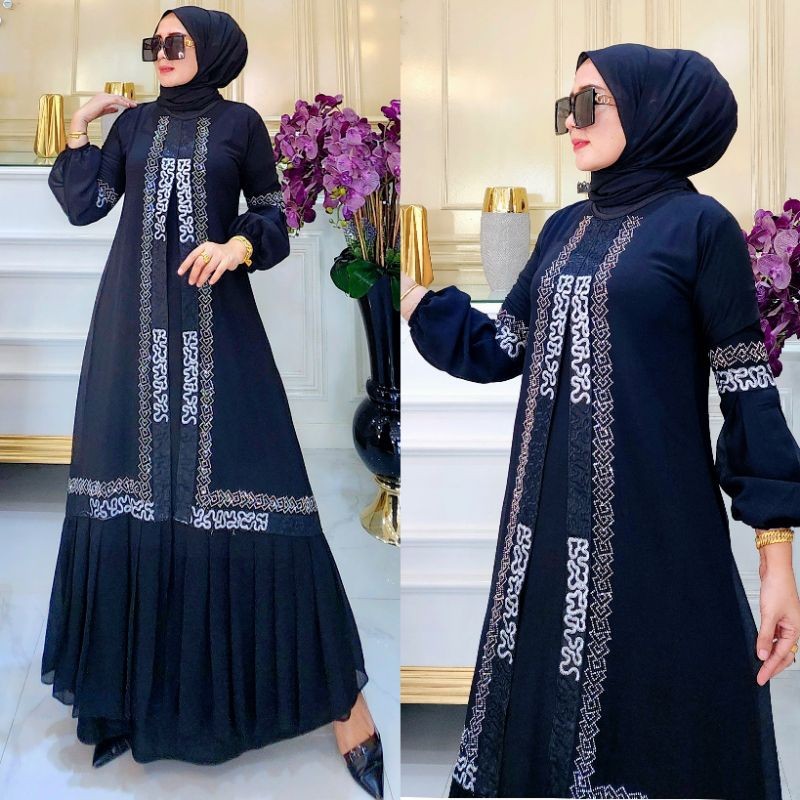 GAMIS ABAYA TURKEY BORDIR AMOEBA LENGAN BALON HITAM