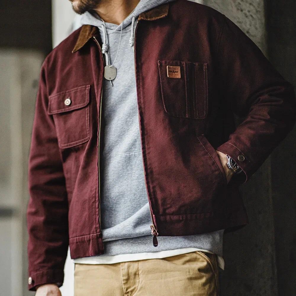 Maden Retro Corduroy Collar Heavyweight Detroit Jacket Canvas Hunting Short Zip-Up Jacket with Pocke