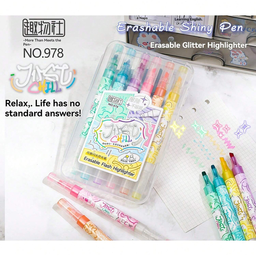

6 Colors/box Kawaii Erasable Glitter Highlighter Pen Marker For Marking Scrapbook Painted Stationery School Supplies