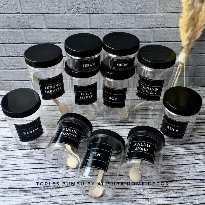 TOPLES BUMBU DAPUR TUTUP HITAM (PLASTIK) 11 PCS PAKETAN MODEL MINIMALIS FREE SENDOK KAYU DAN LABEL S