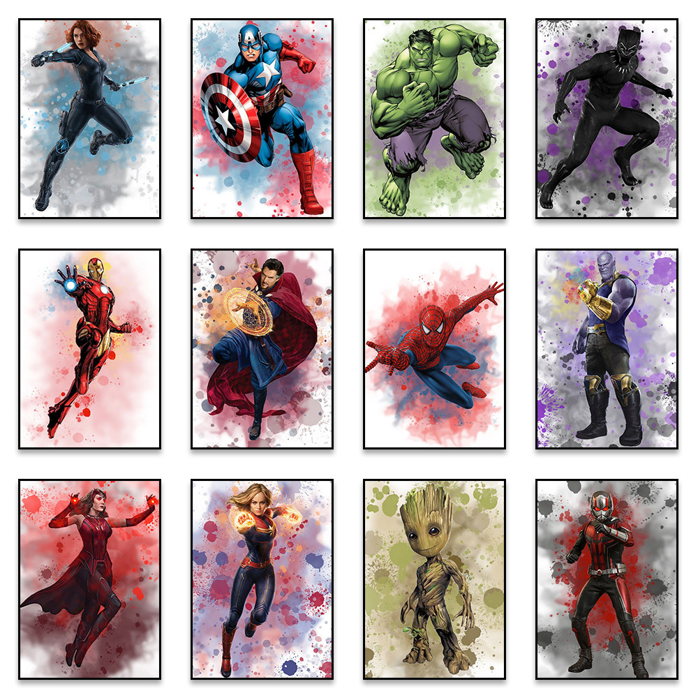 

MINISO Poster Marvel Watercolor Picture Canvas Wall Art Print Poster Spider-Man Hulk Captain America Art Mural Home Decor Gift
