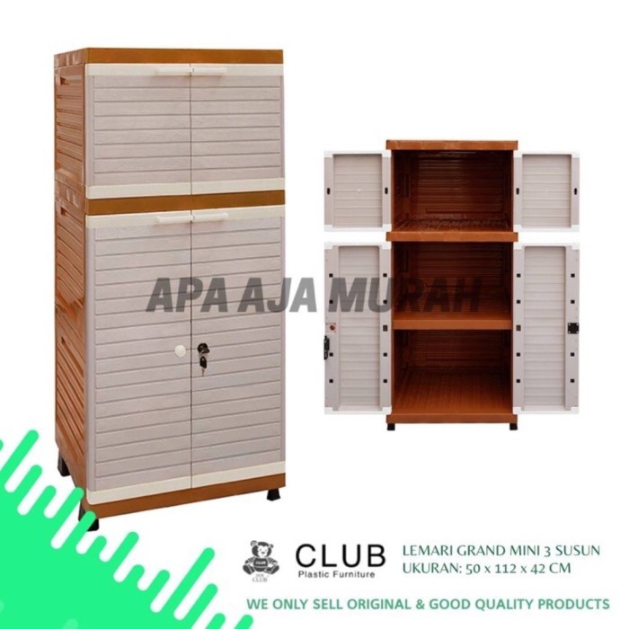 Lemari Plastik CLUB Grand Mini 3 susun / Lemari Plastik Rak Motif Kayu - DENGAN KUNCI