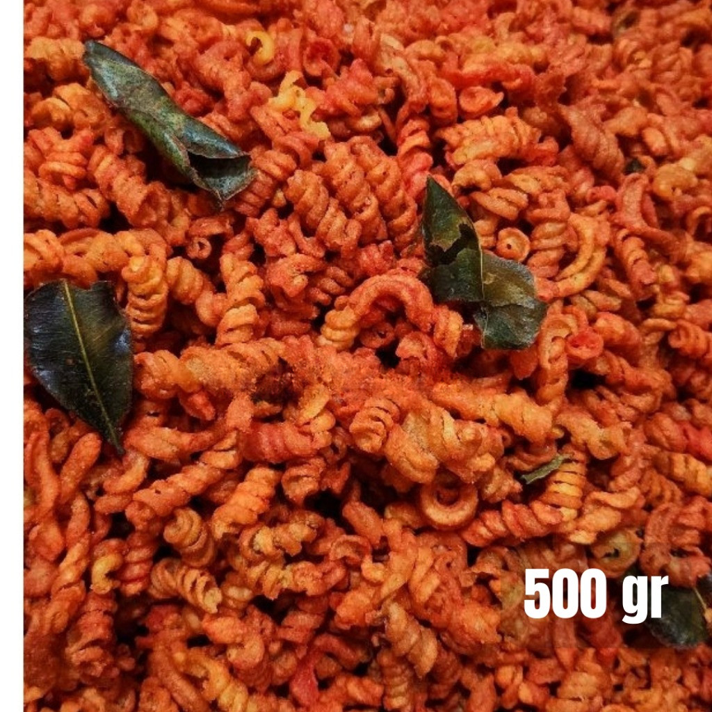 

Makaroni ulir spiral pedas daun jeruk kemasan 500gr makroni
