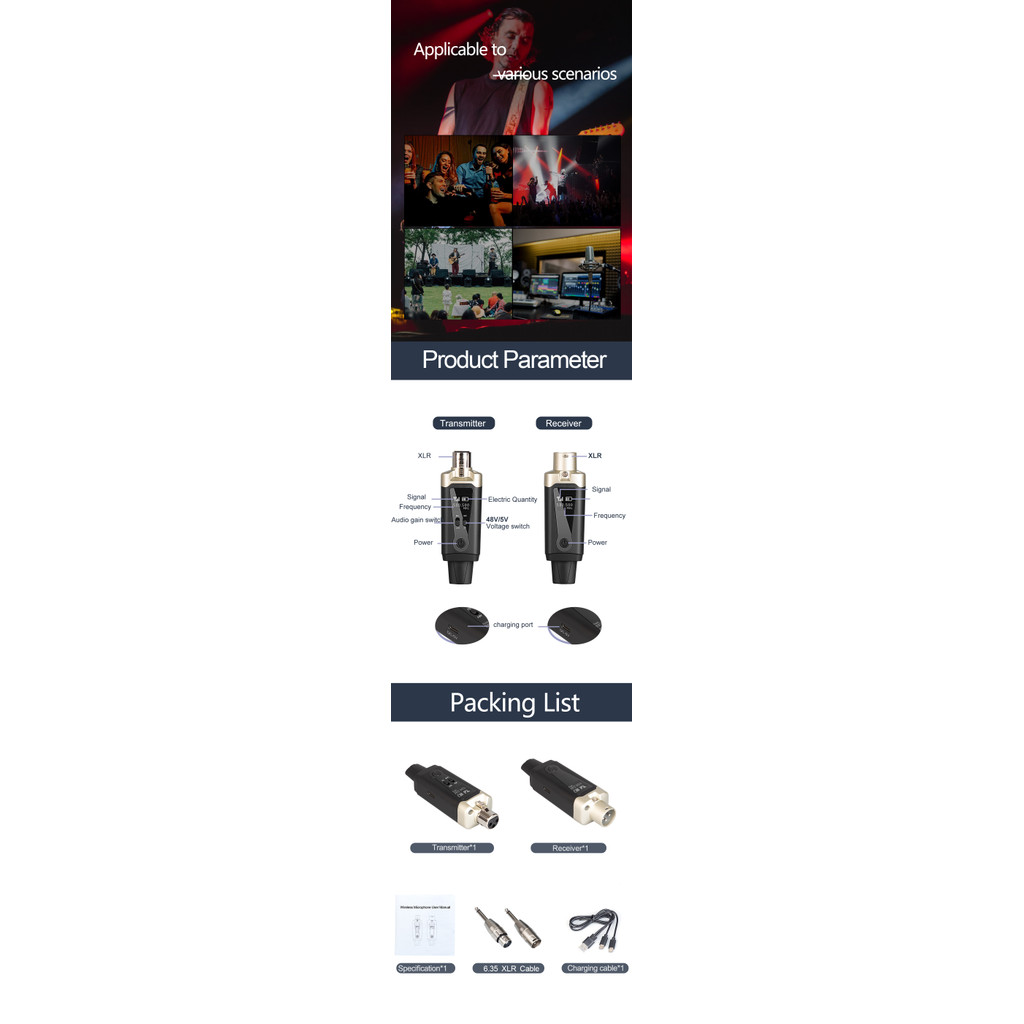 Wireless Microphone System XLR Mic Converter Adapter UHF Automatic Transmitter Setup For Condenser D