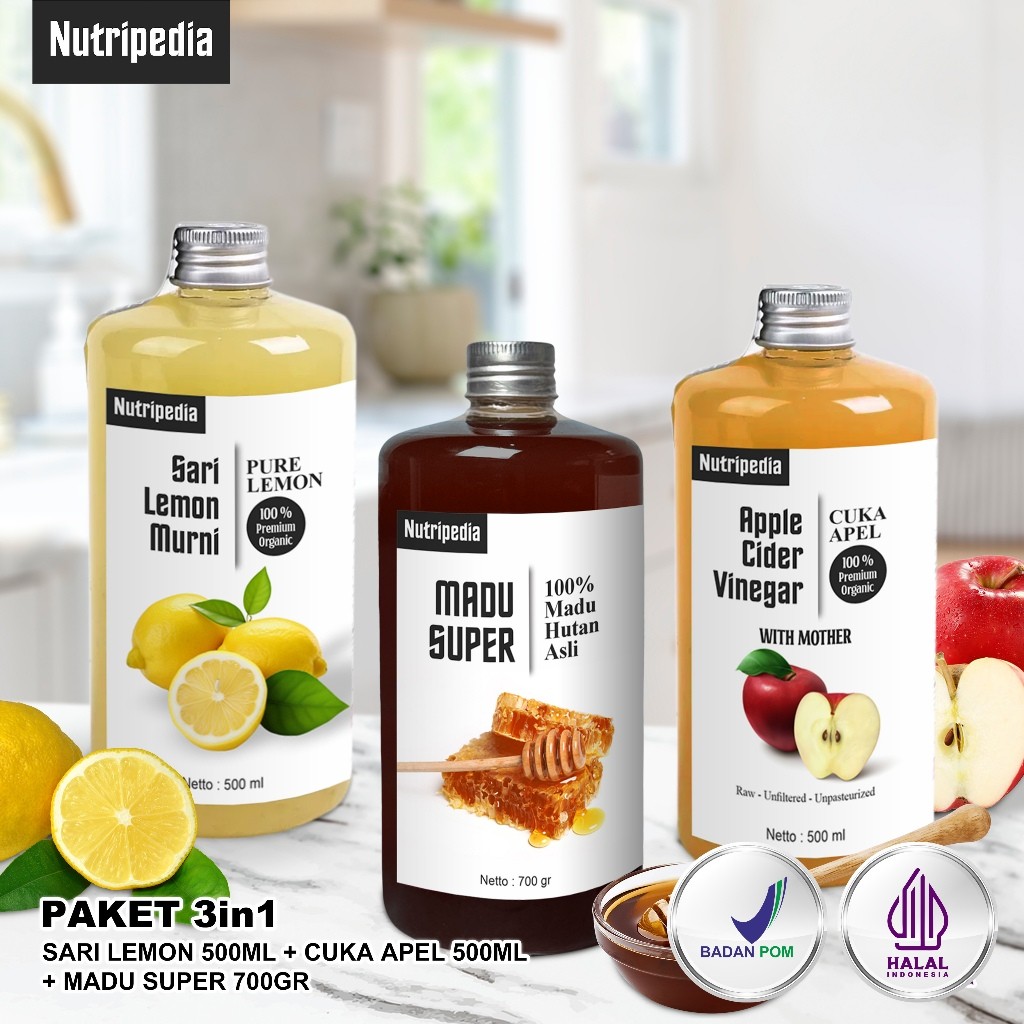 

Nutripedia Paket 3in1 - Paket Bundling Madu 700gr, Cuka Apel 500ml, Sari Lemon 500ml