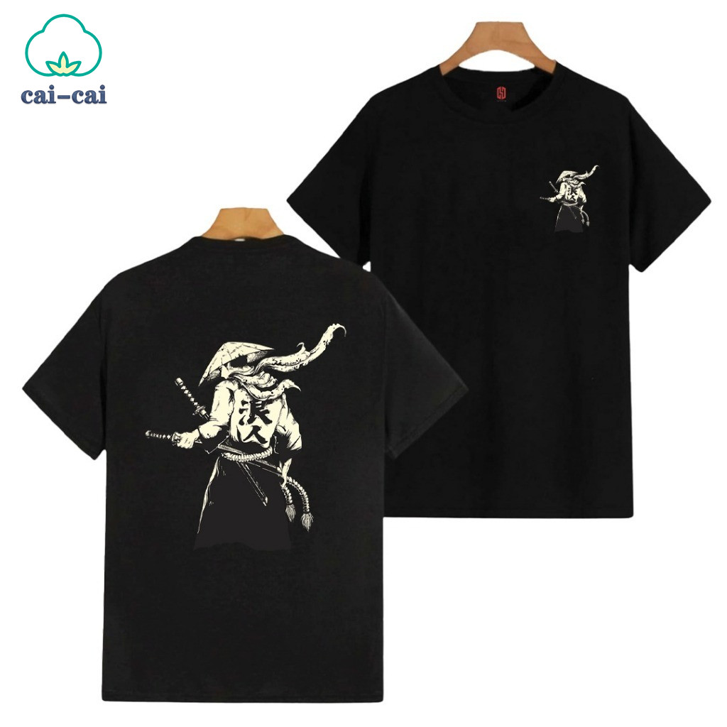 Kaos pria bahan katun Japanese Samurai Baju Kaos Distro T shirt Sablon Unisex Lengan pendek oversize