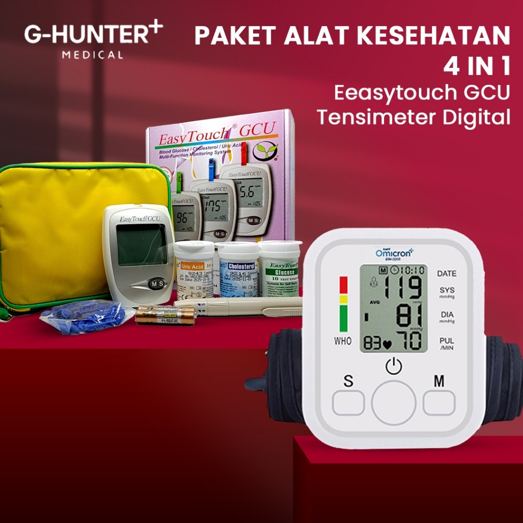 Paket Bundling 4 In 1 Tensimeter Digital / Easytouch Alat Tes Gula Darah, Kolesterol, Asam Urat 3 in