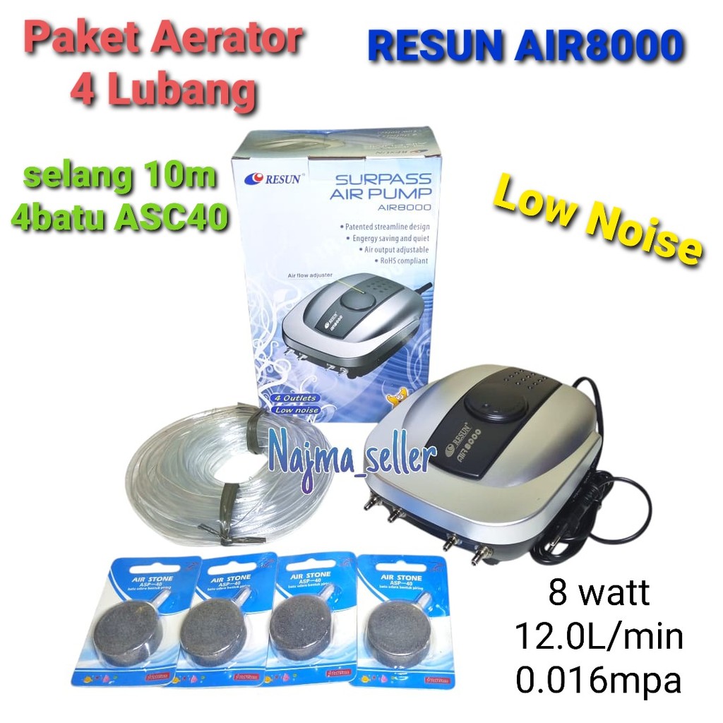SYIFAAQUARIUM - Paket Aerator 4 Lubang RESUN AIR8000. Paket Aerator Fullset lengkap tinggal pasang.