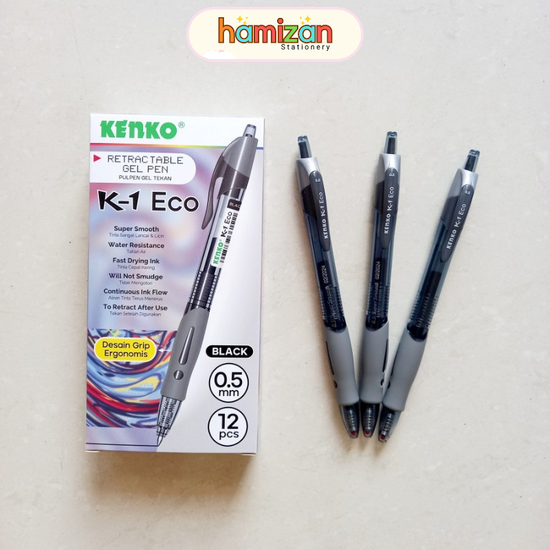 

( 12 pcs ) K-1 Eco Pulpen Gel Retractable Kenko / Gel Pen Cetrek Soft Grip K1 Eco / Bolpen Jel 0.5mm tinta hitam / [ LUSIN ] Pulpen Gel Pen Pena Jel 0.5 mm Kenko K-1 Eco