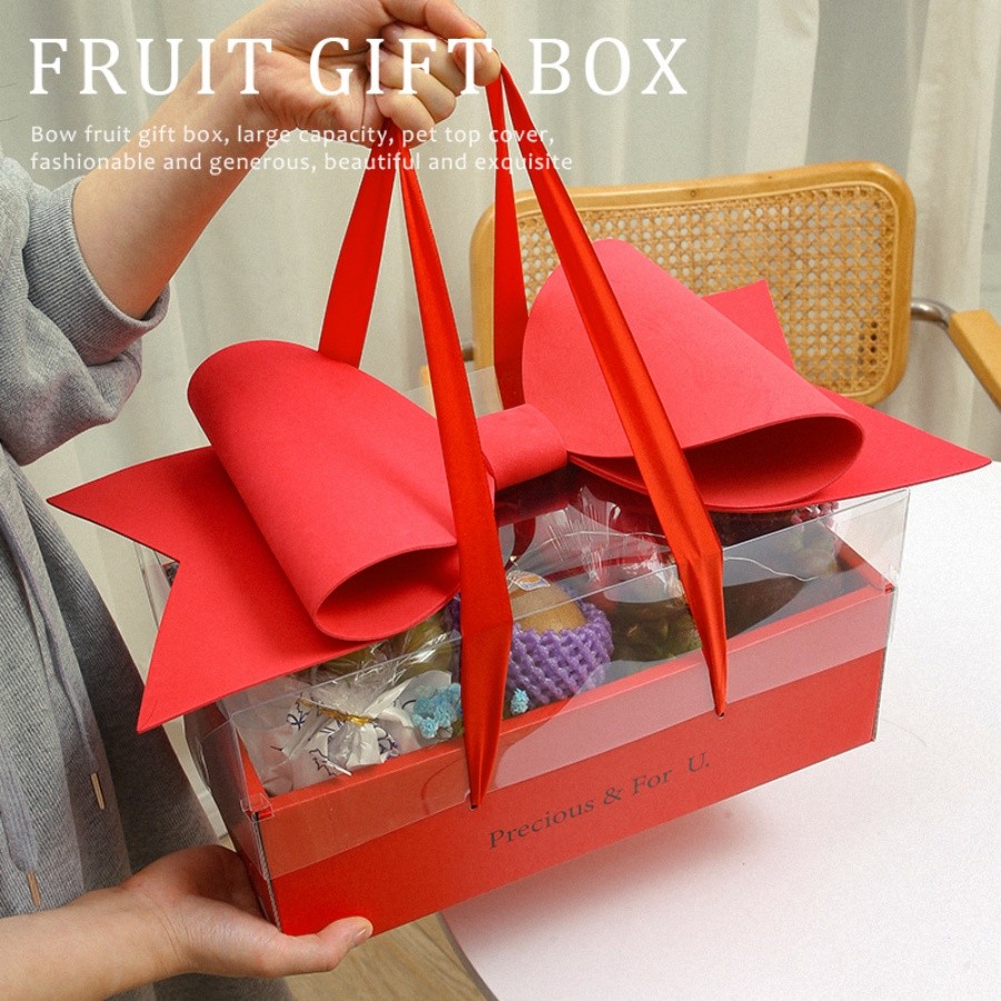 

1pc Handheld Flowers Valentine Bow Pvc Companion Gift Clear Box Hand Birthday Party Christmas Thanksgiving Decoration Supplies