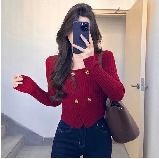 W & K - ZRX OOTD BLOUSE RIB LEHER KOTAK IMELDA / LIVIA TOP KNIT KERAH PERSEGI PENDEK / OOTD BLOUSE W