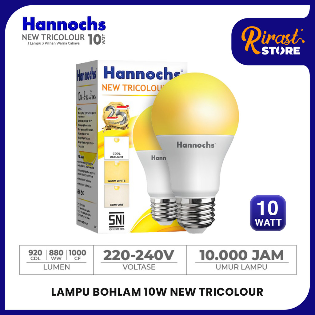 RIRAST- HANNOCHS LAMPU BOHLAM 10W NEW TRICOLOUR CAHAYA PUTIH / CAHAYA KUNING / CAHAYA PUTIH KUNINGAN