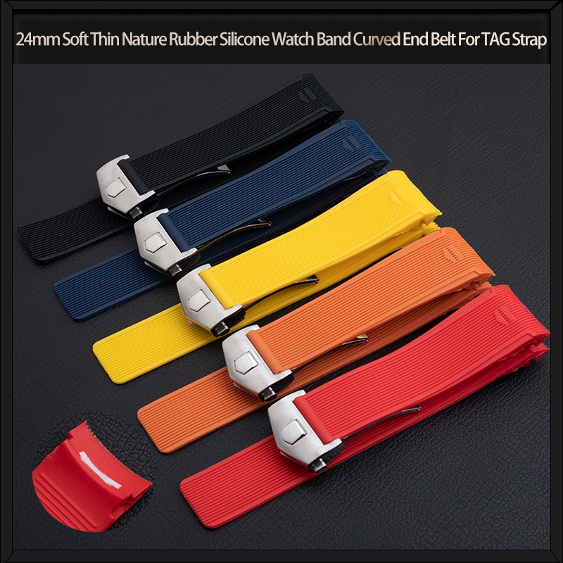 24mm Soft Thin Nature Rubber Silicone Watch Band Curved End Belt For TAG Strap For HEUER Grand Carre