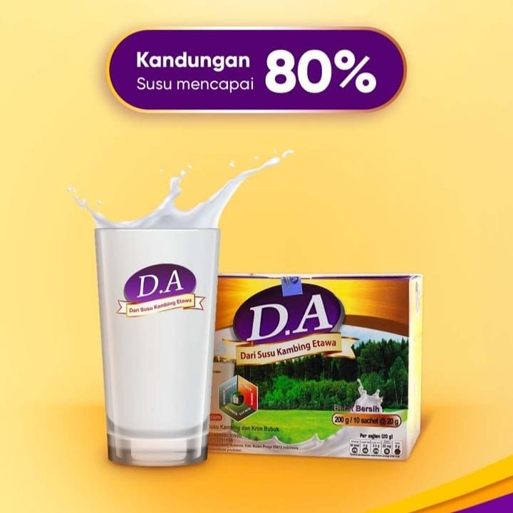 

SUSU D.A SUSU KAMBING ETAWA PLUS KOLOSTRUM KANDUNGAN SUSU 80% TIDAK TERLALU MANIS