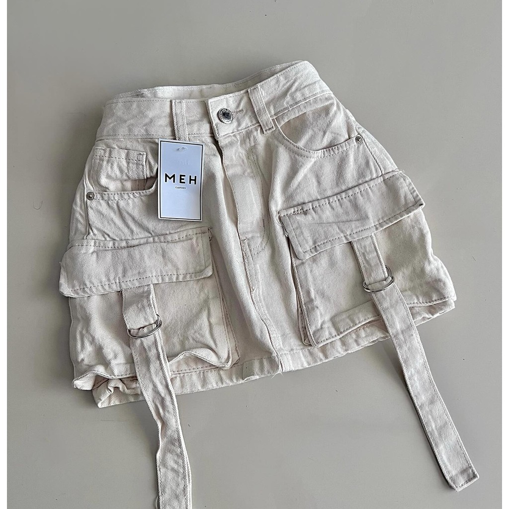 Retro Gothic Y2k Off White Mini Skirt Fashion Harajuku Multi Pocket Denim Plaid Skirt Womens Streetw