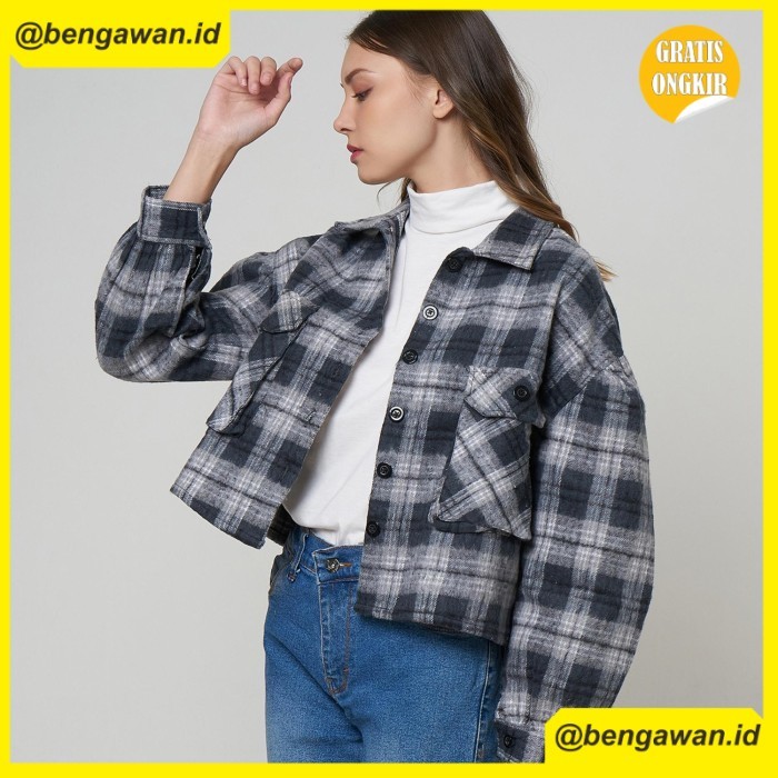 (MONE) Monellina 601202 Kemeja Flanel Crop Outer Wanita Lengan Panjang - Hitam, XL
