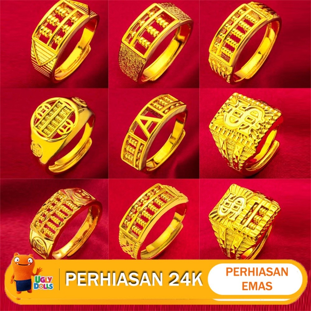 24K Vietnam Sand Gold Men's Ring/Retro Perhiasan Baru Emas Plated Membuka Uang Abacus Men's Ring/Big