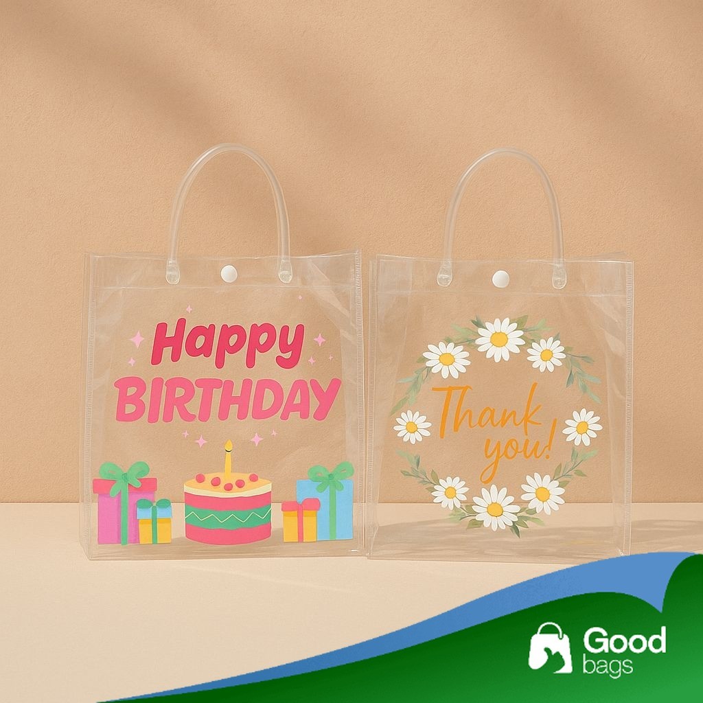 

Tas Mika PVC Ulang Tahun / Tas Goodie bag Ulang Tahun / Tas Souvenir Ulang Tahun / Tas Transparan HBD / Tas Hampers HBD I ACP07-ACP42