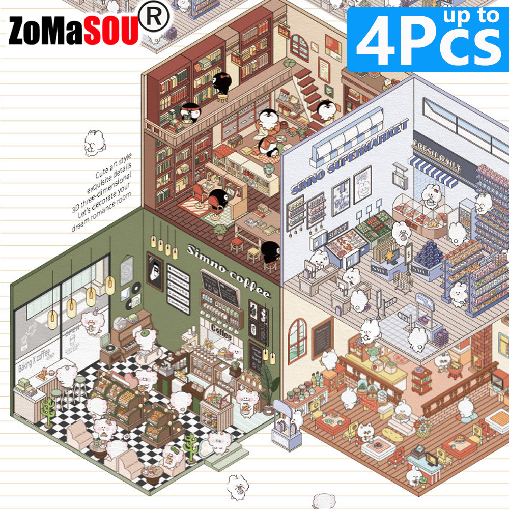 

1-4Pcs Cartoon Miniature Scene 3D Landscaping Stickers DIY Cabin Scene Stacking and Pasting Hand Account Cute Gift for Kid Child