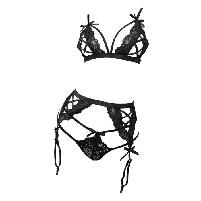 Produk Terbaru B370 Pakaian Dalam Bra Set Bralette Sexy Hot BH Open Cup CD Garter Stocking Hitam Sek