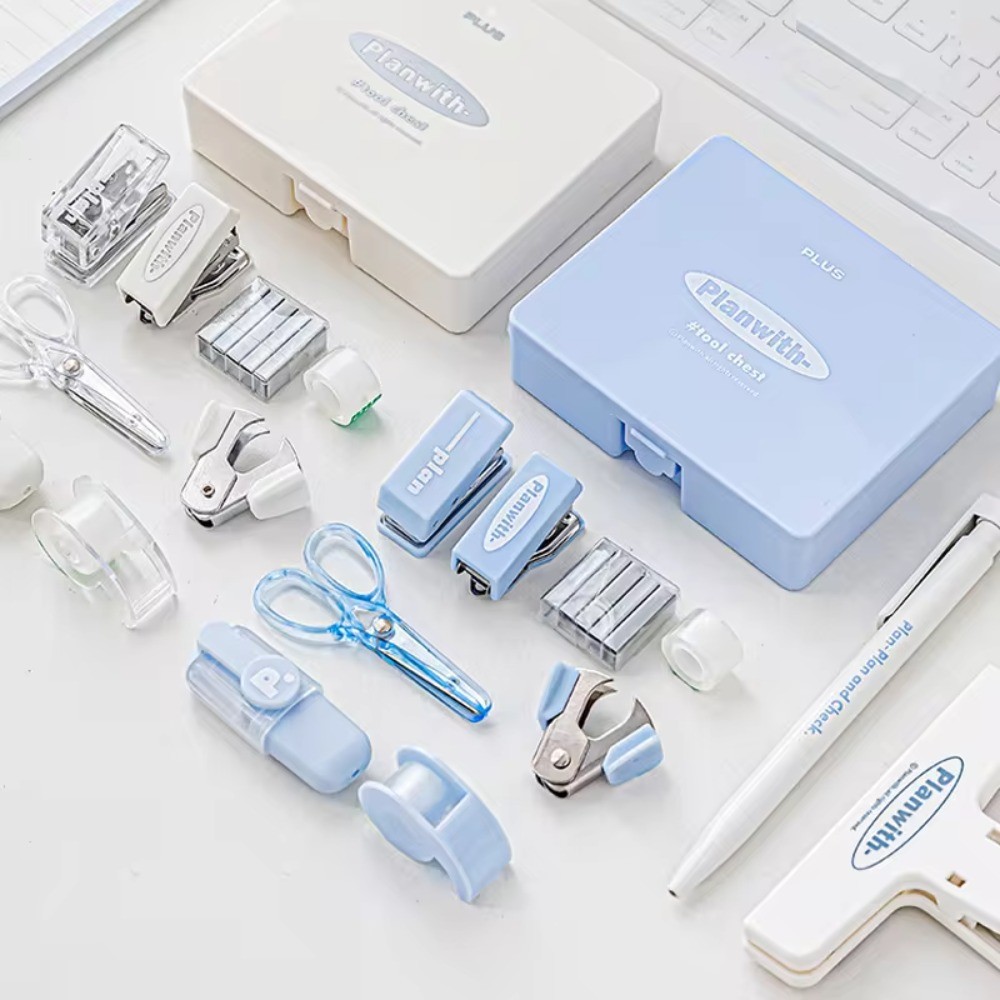 

8Pcs/Box Kawaii Student Stationery Set Multifunction Office Efficiency Set Stapler Tape Marking Pen