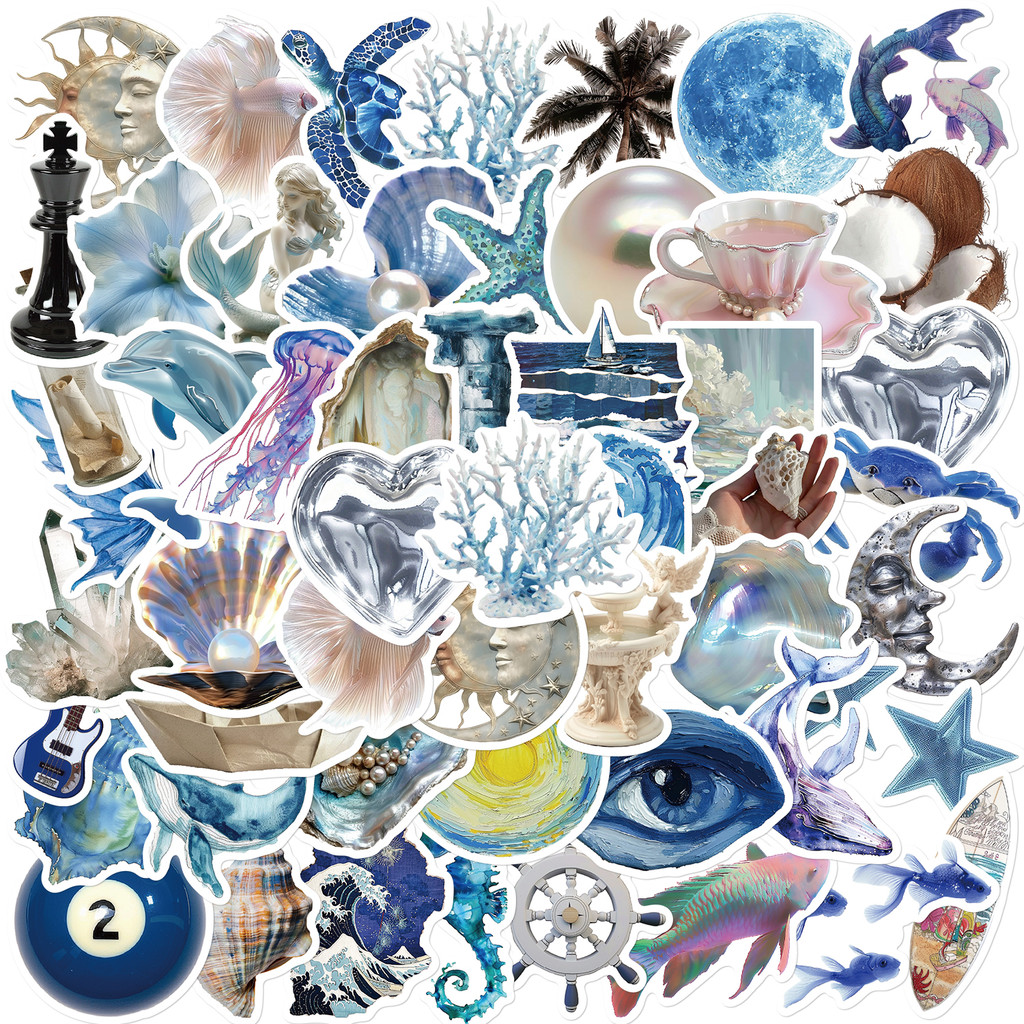 

50PCS Creative Silver Blue Ocean Style Stickers Graffiti Waterproof Decoration DIY Luggage Computer Phone Skateboard Sticker