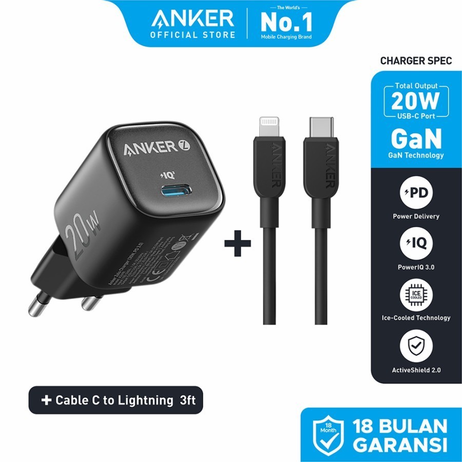 Anker Zolo GaN 20W Charger Bundling Free Kabel USB Type C to Lightning For Iphone 7 8 X XR 11 12 13 