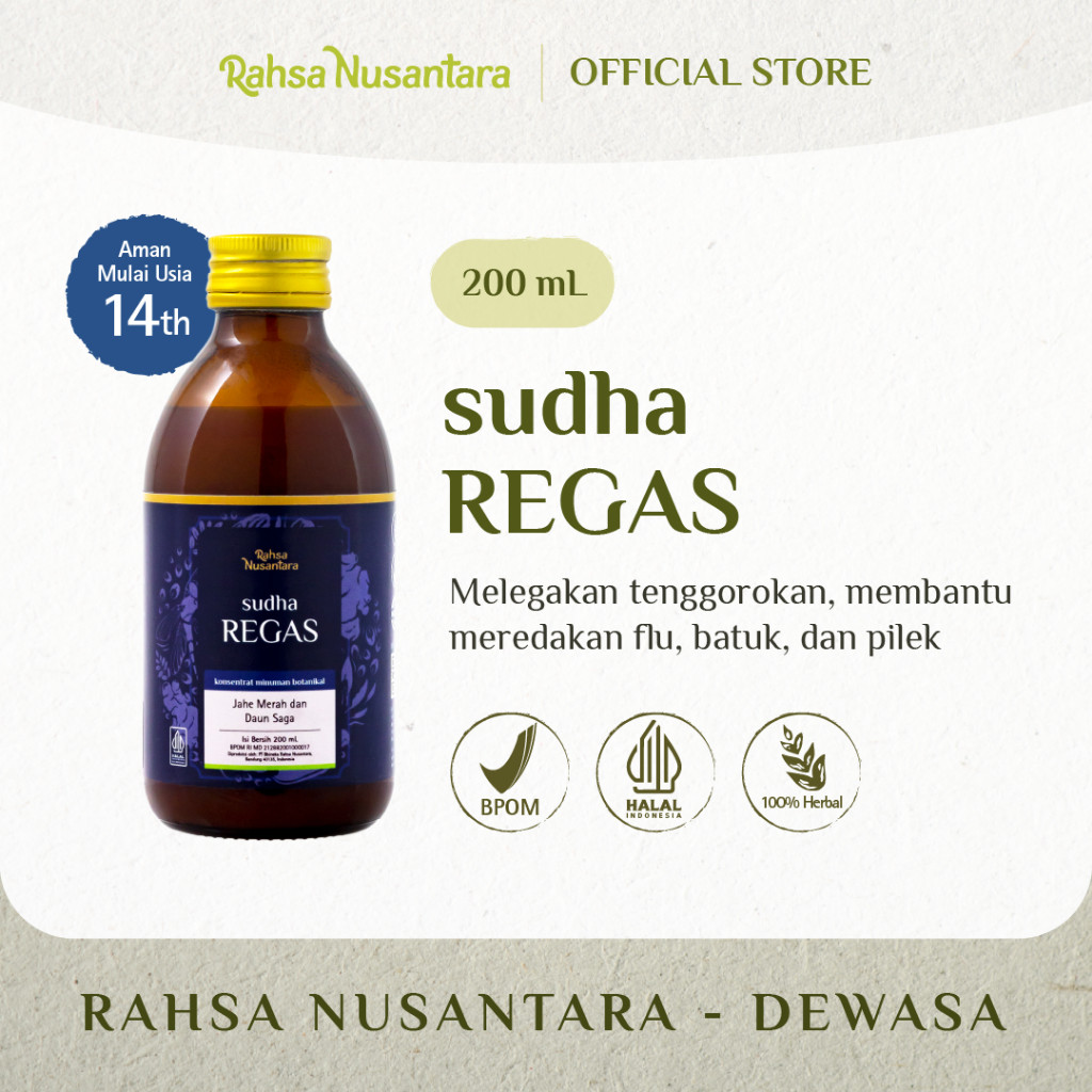 

Sudha REGAS 200mL | BPOM - Ramuan Herbal Melegakan Tenggorokan, Membantu Meredakan Flu, Batuk, dan Pilek | By Rahsa Nusantara