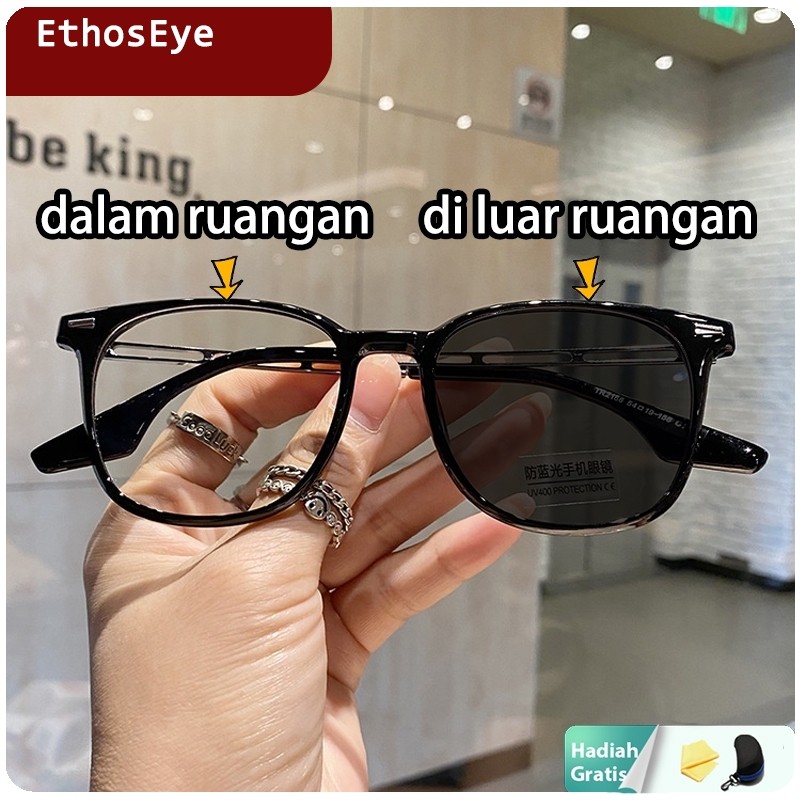 EthosEye Kacamata Photocromic Anti Blueray Radiasi Wanita Pria Cowok Korea Gaya TR90 Besi 2 in 1 Blu