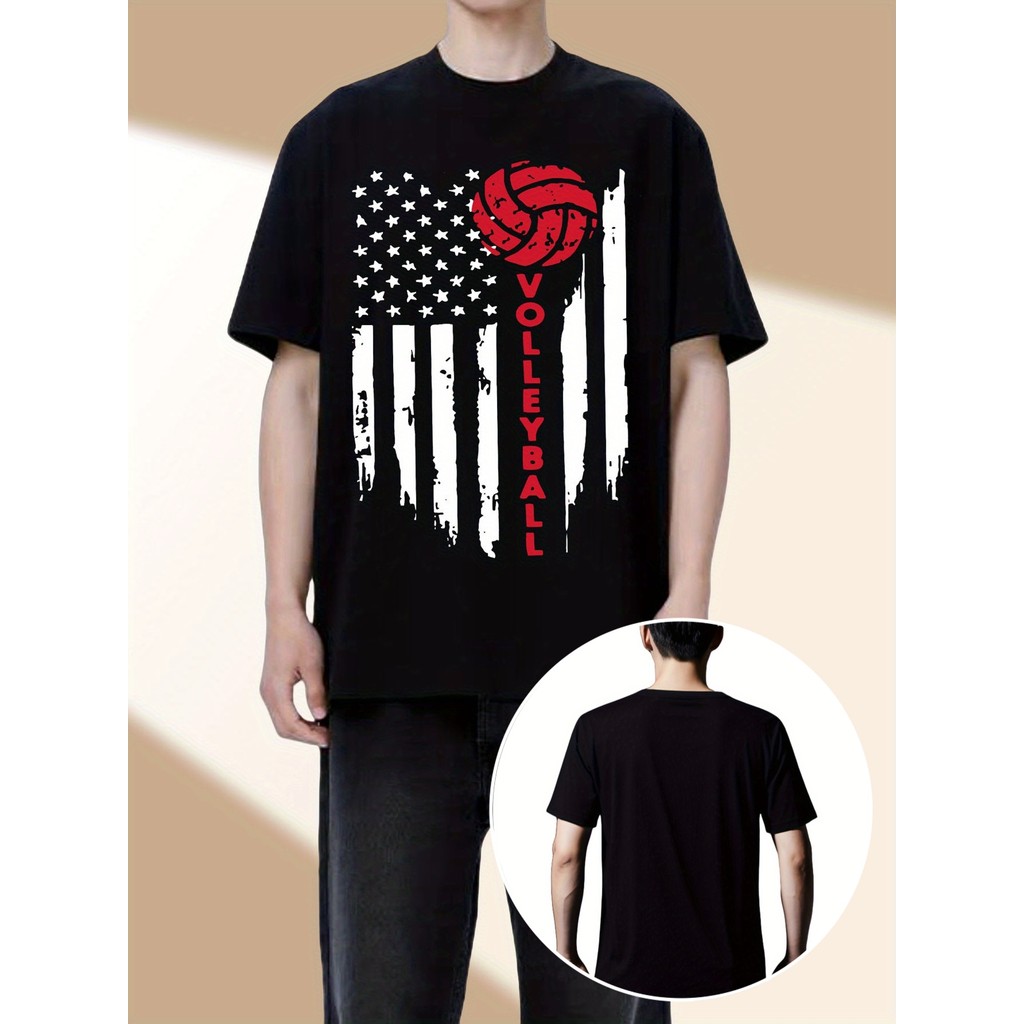 Kaos Pria Katun Desain Bola Voli Sporty, Lengan Pendek, Leher O, Bahan Adem, Desain Merah Putih Unik
