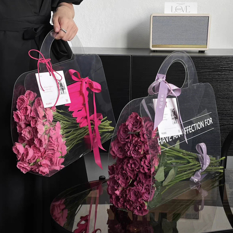 

1PC Portable Transparent Tote Flower Bags Rose Bouquet Packaging Boxes Flowers Wrapping Handbag Festivals Party Gift Packing Bag