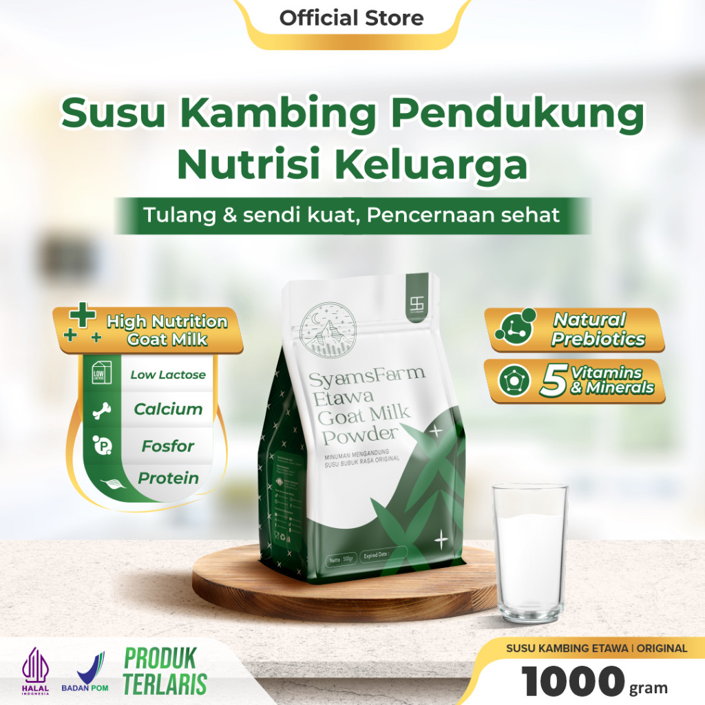 

Ternak Syams Susu Kambing Etawa Bubuk Rasa Original 1KG alami rendah gula mengatasi asam urat nyeri sendi osteoporosis kebas keram kesemutan pengeroposan tulang lansia pegel linu radang asma syaraf kejepit diabetes hipertensi rendah laktosa herbal alami