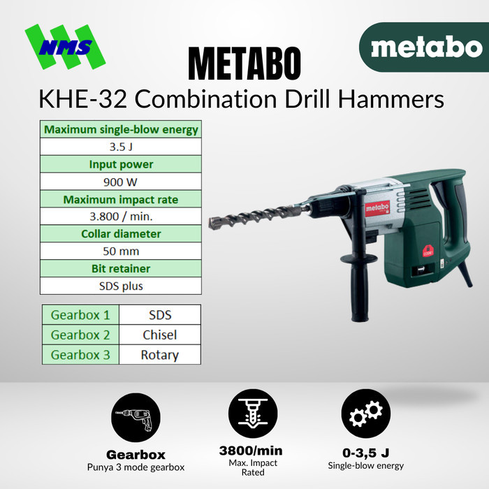 Mesin Bor Beton Metabo KHE-32 Combination Drill Hammers SDS Plus Bobok Beton Listrik 3800 IPM